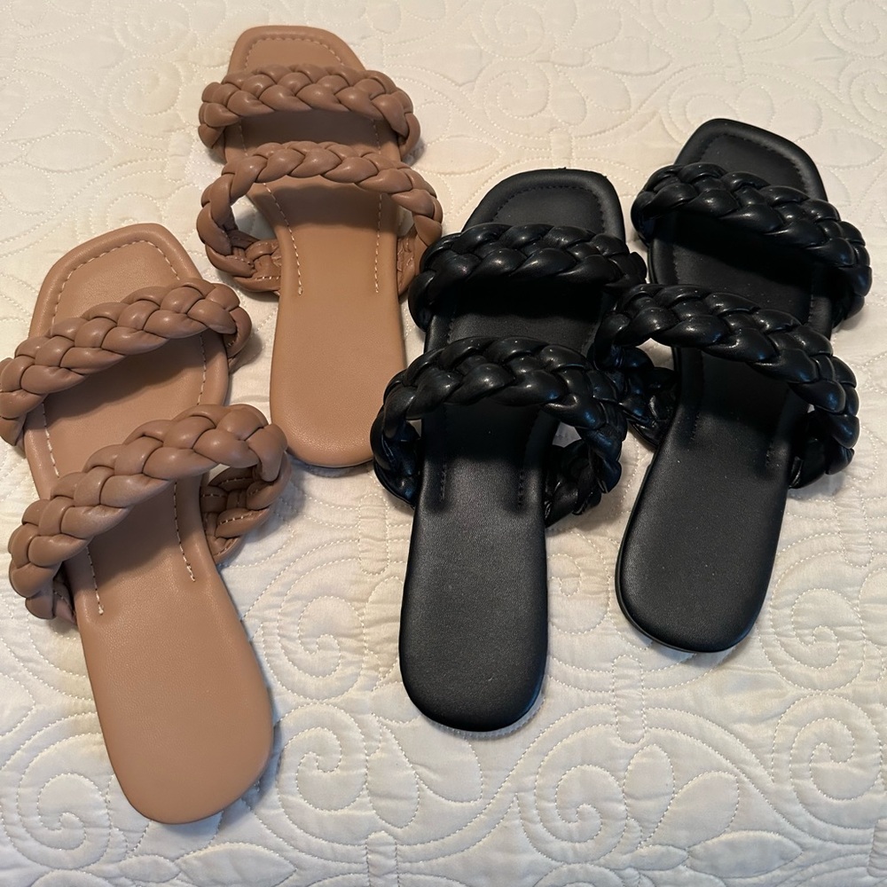 TWO PAIRS!! Braided Strap Sandals - Black and Tan